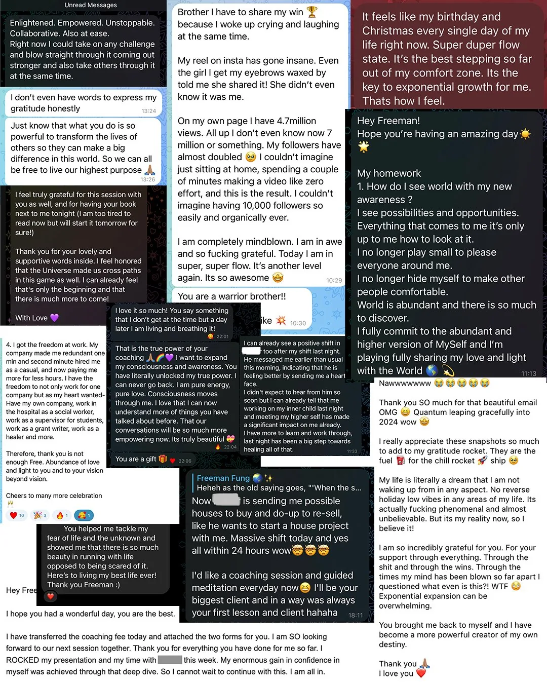 Collage of text messages expressing gratitude, personal growth, and success stories. Includes mentions of social media achievements, professional coaching, and meditation benefits. Users describe feelings of empowerment, positivity, and transformation. Messages are positive and motivational in tone.