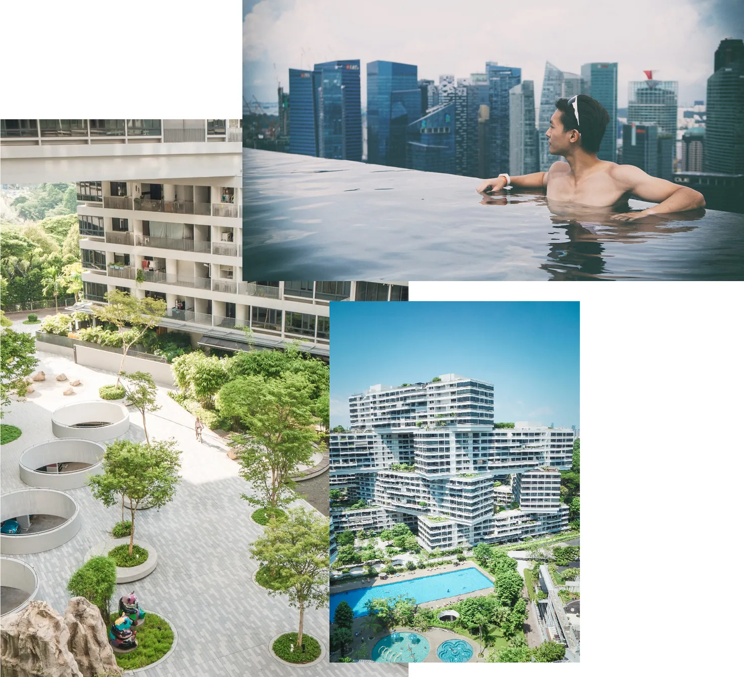 Freeman Fung relaxing in a swimming pool at a modern Singapore condominium, featuring a lush green courtyard and circular seating areas