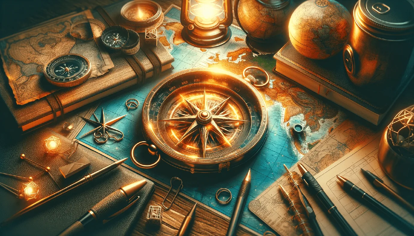 Vintage desk with compass, map, globe, and writing tools, lit by lantern light.