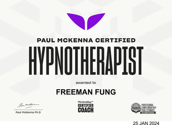 Hypnotherapist Certificate from Mindvalley for Freeman Fung