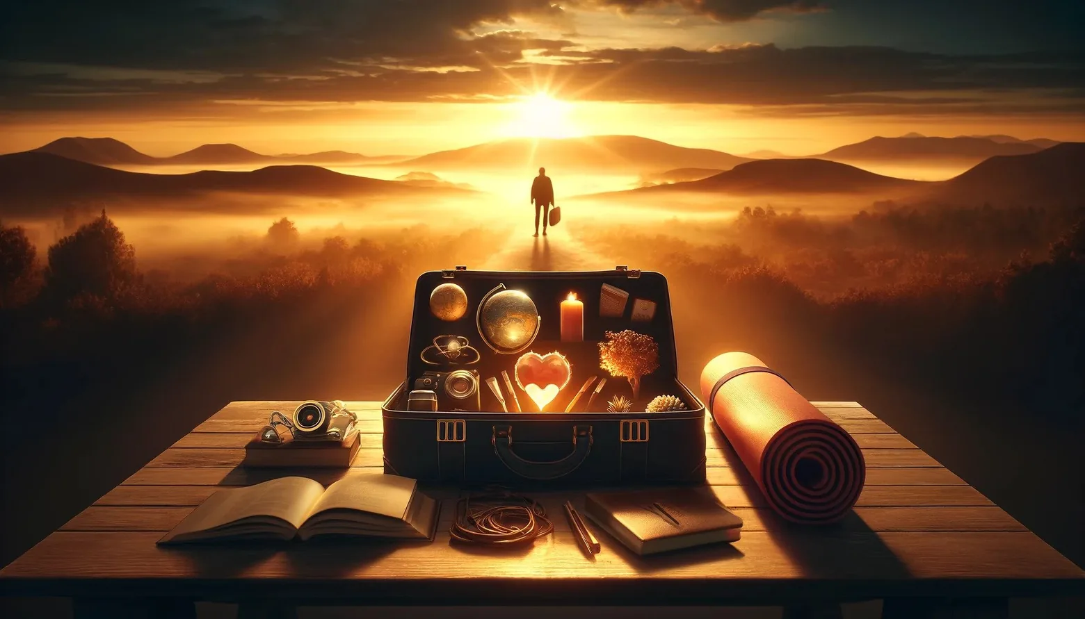 Illustration of an open suitcase and journal on a table, with a traveller silhouetted against a sunrise