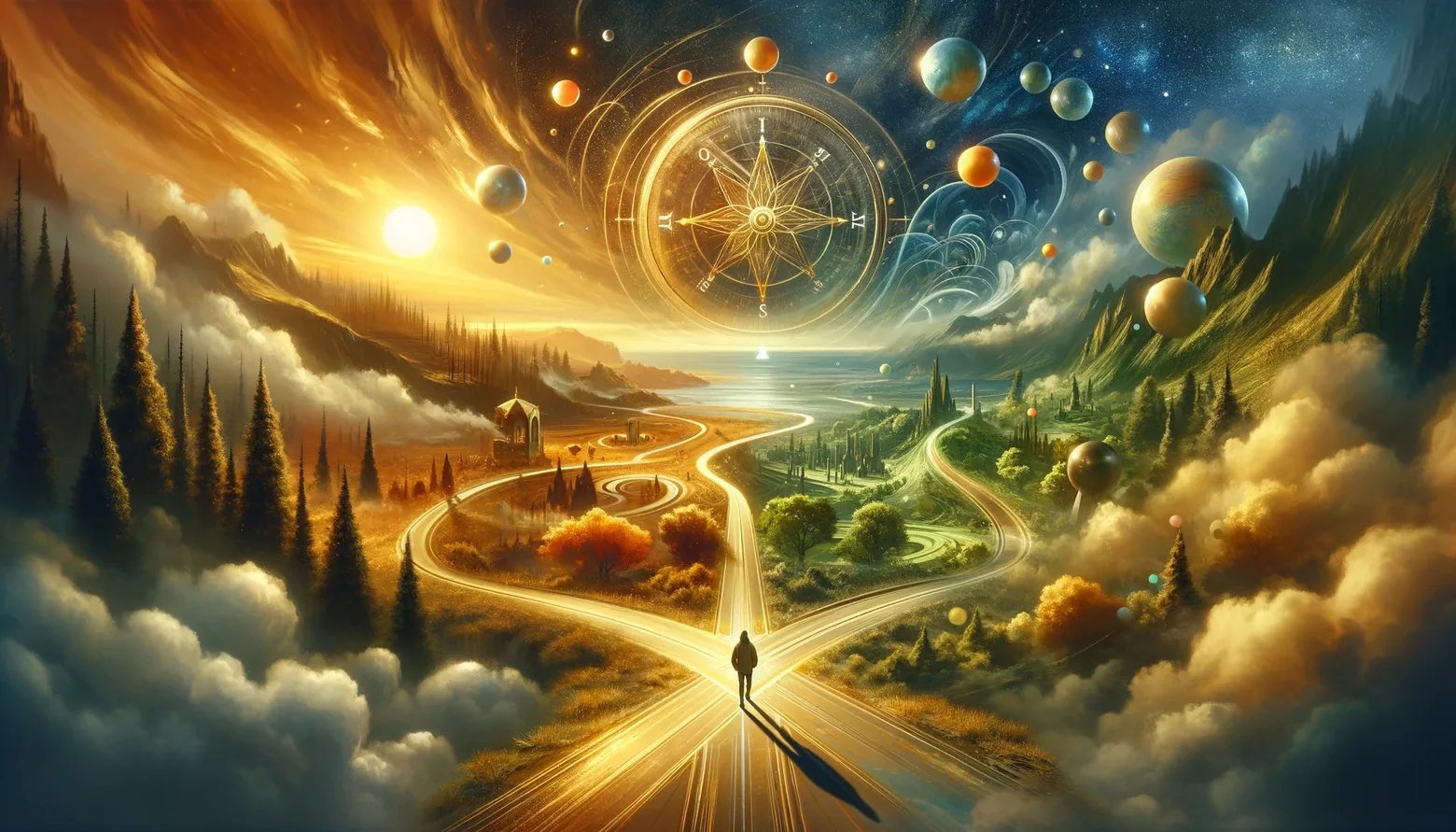 Illustration of a lone traveller on a winding golden path through forested hills, with planets and a compass overhead