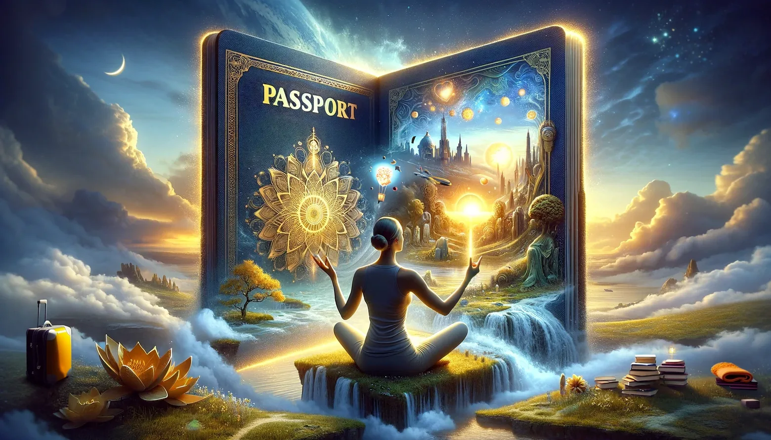 Illustration of a person meditating in front of a giant passport opening onto a glowing landscape