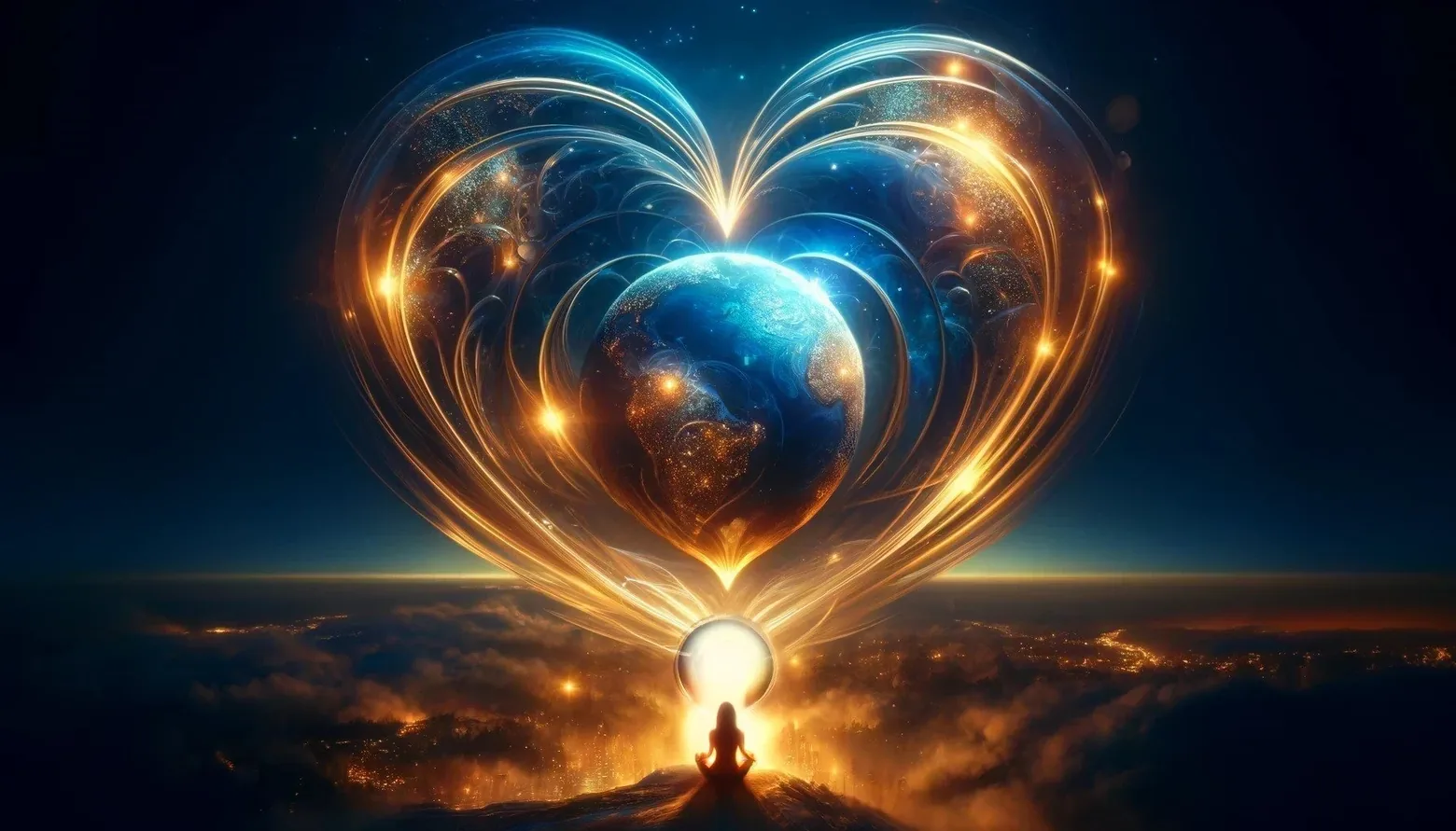 Illustration of the Earth held inside a heart of golden light, with a figure meditating below