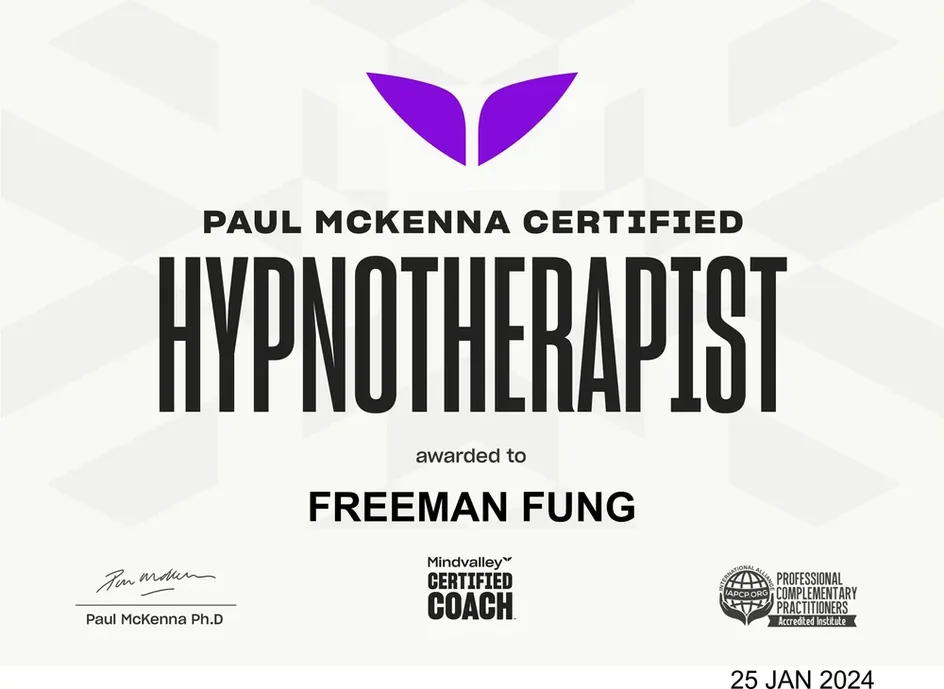 Hypnotherapist Certificate from Mindvalley for Freeman Fung Photo