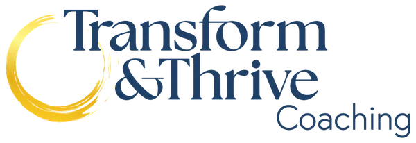 Transform & Thrive Coaching logo with a stylized yellow circle design.
