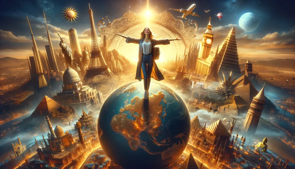 Female standing on globe, Thriving multi-landmarks