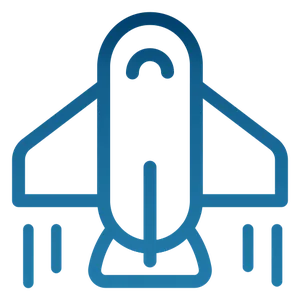 blue outline icon of a spaceship taking off