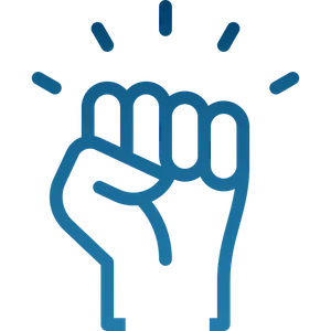Blue outline icon of a raised fist with lines indicating movement or emphasis.