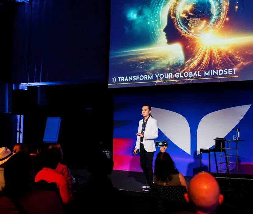 Freeman Fung delivering a keynote at Mindvalley University 2024, Tallinn, Estonia