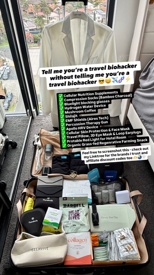 Freeman Fung's packed carry-on with a travel biohacker packing checklist overlay