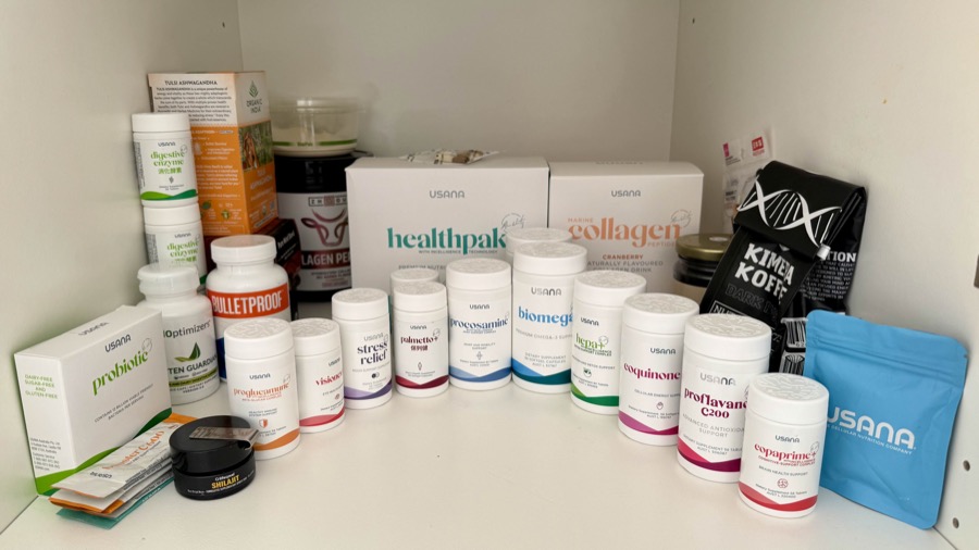 Freeman Fung's full USANA supplement stack including HealthPak, marine collagen and daily bottles