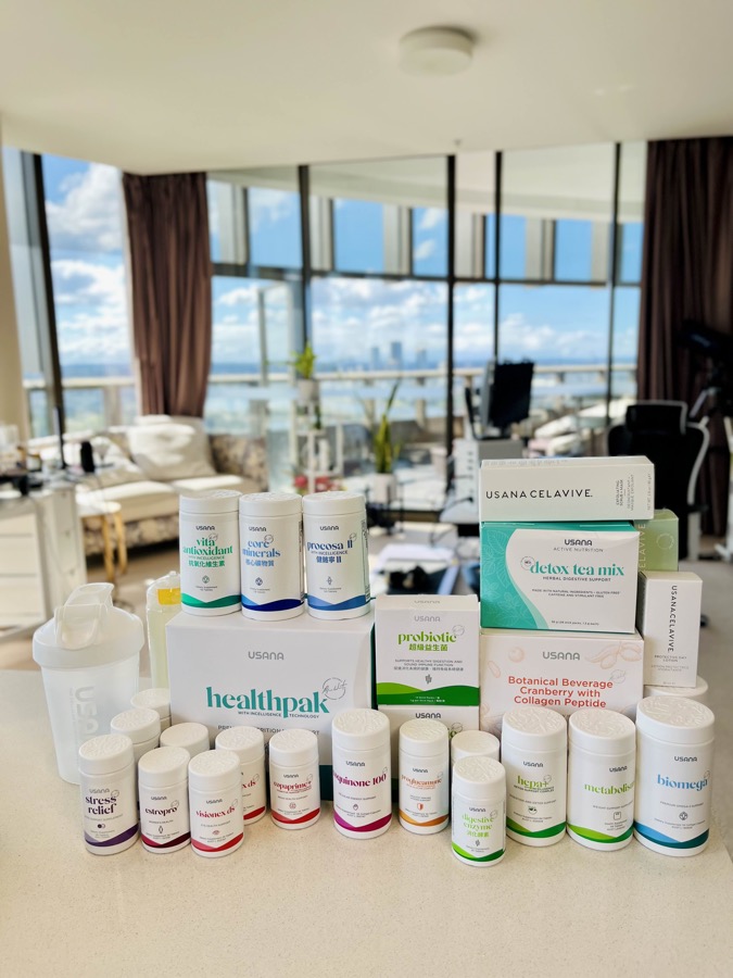 USANA supplement collection including HealthPak and Celavive on a product table